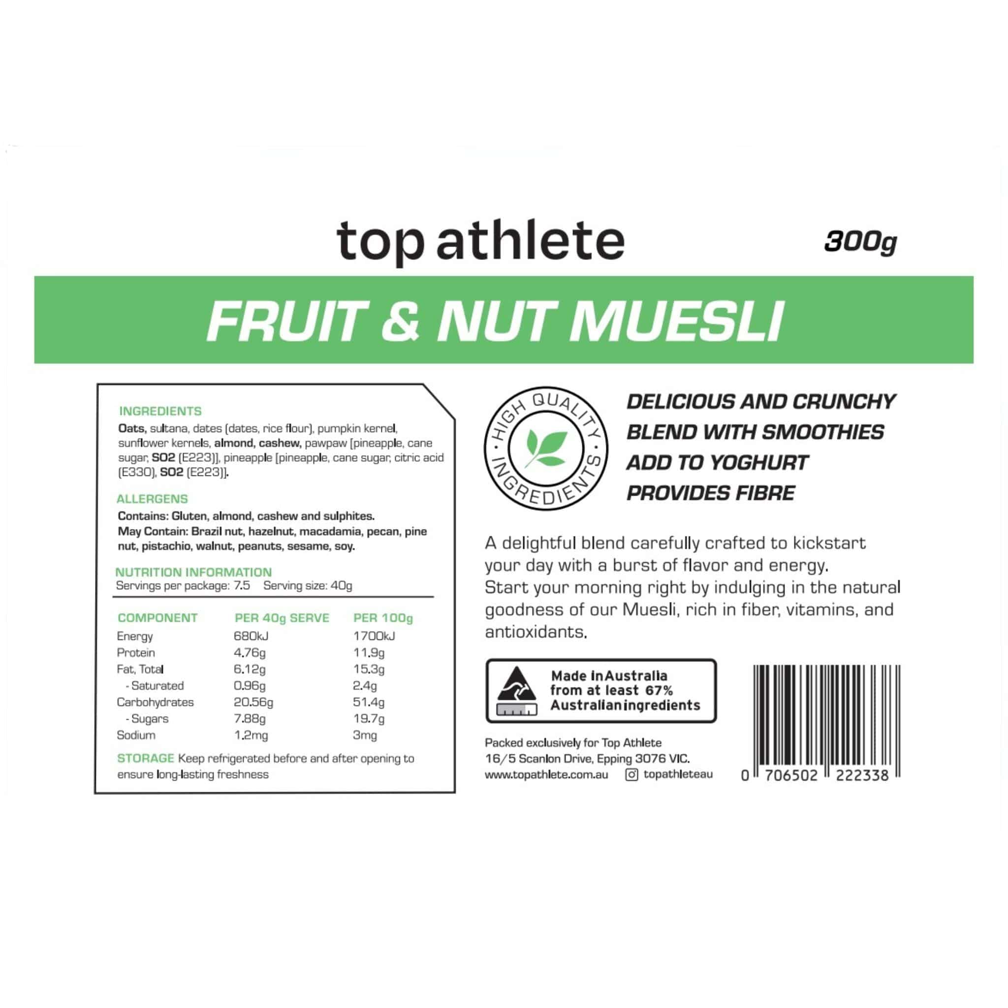 fruit and nut muesli 300g nutrition panel - Top Athlete