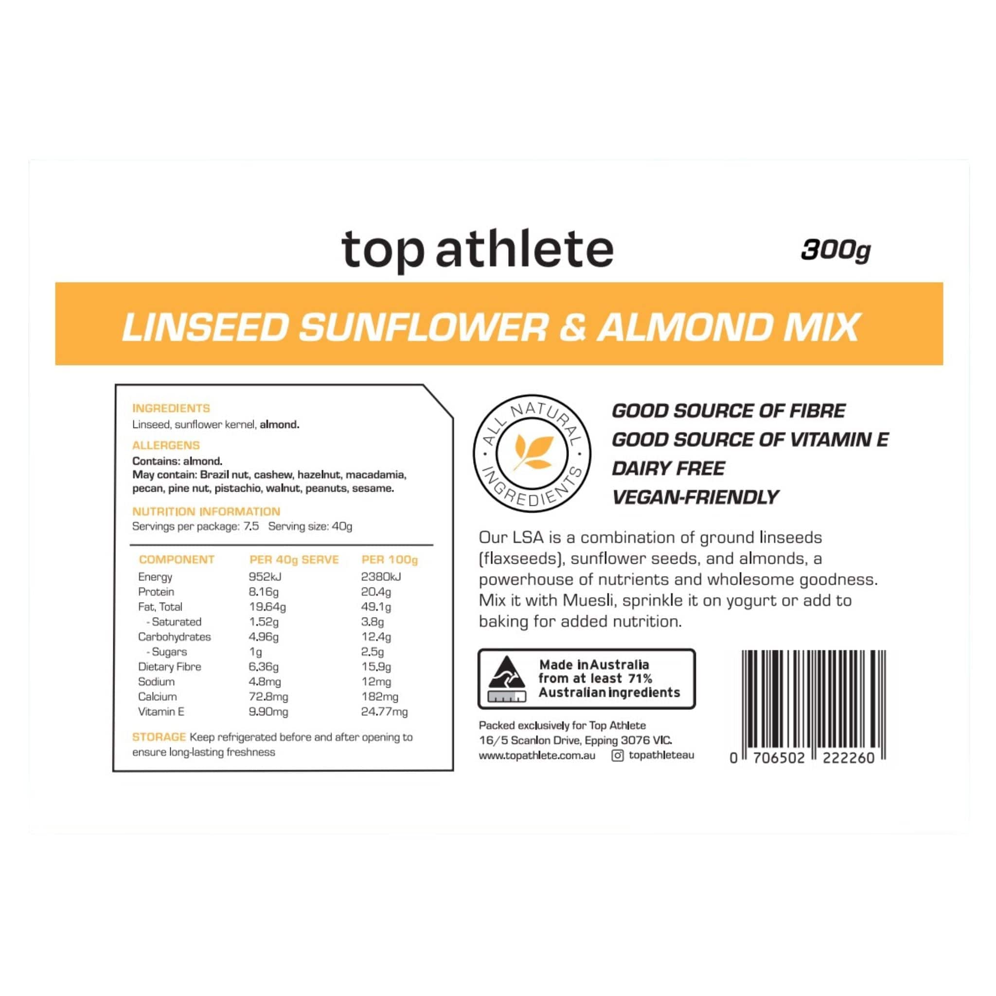 LSA meal 300g nutrition panel - Top Athlete
