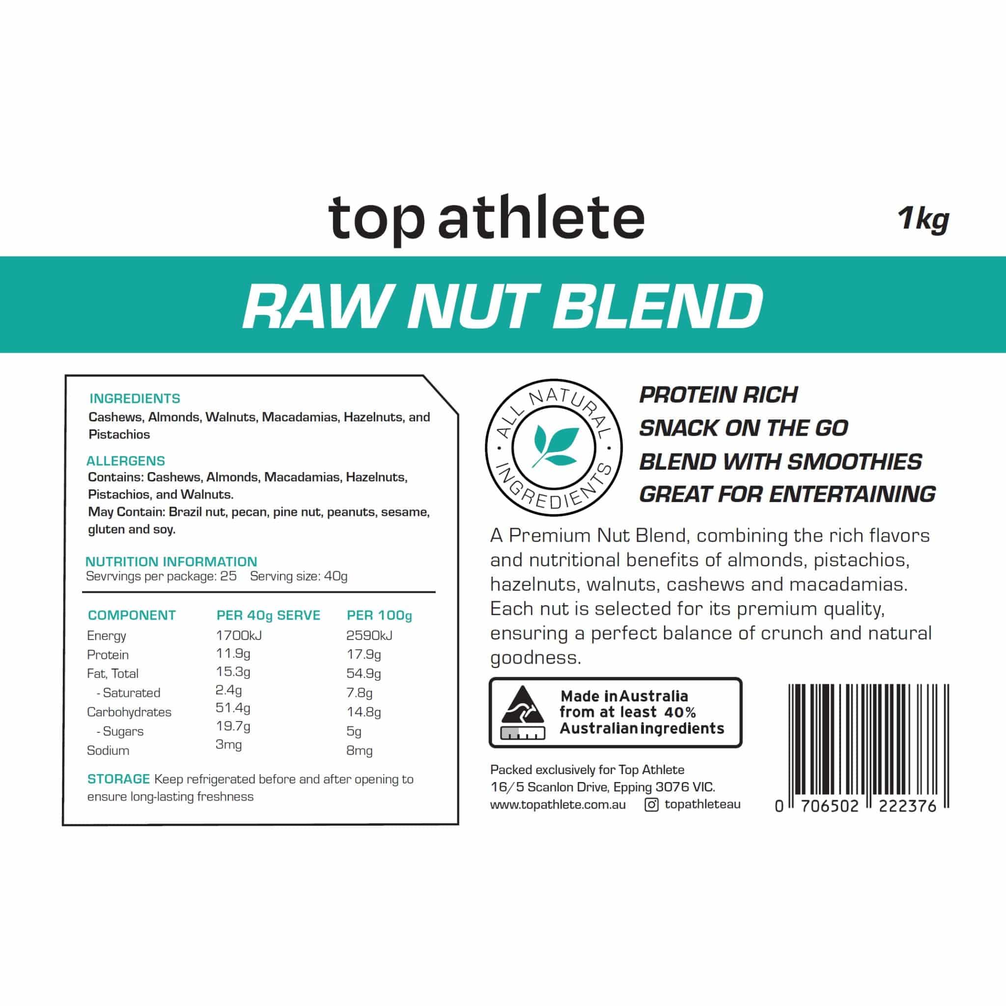 raw nut blend 1kg nutrition panel- Top Athlete