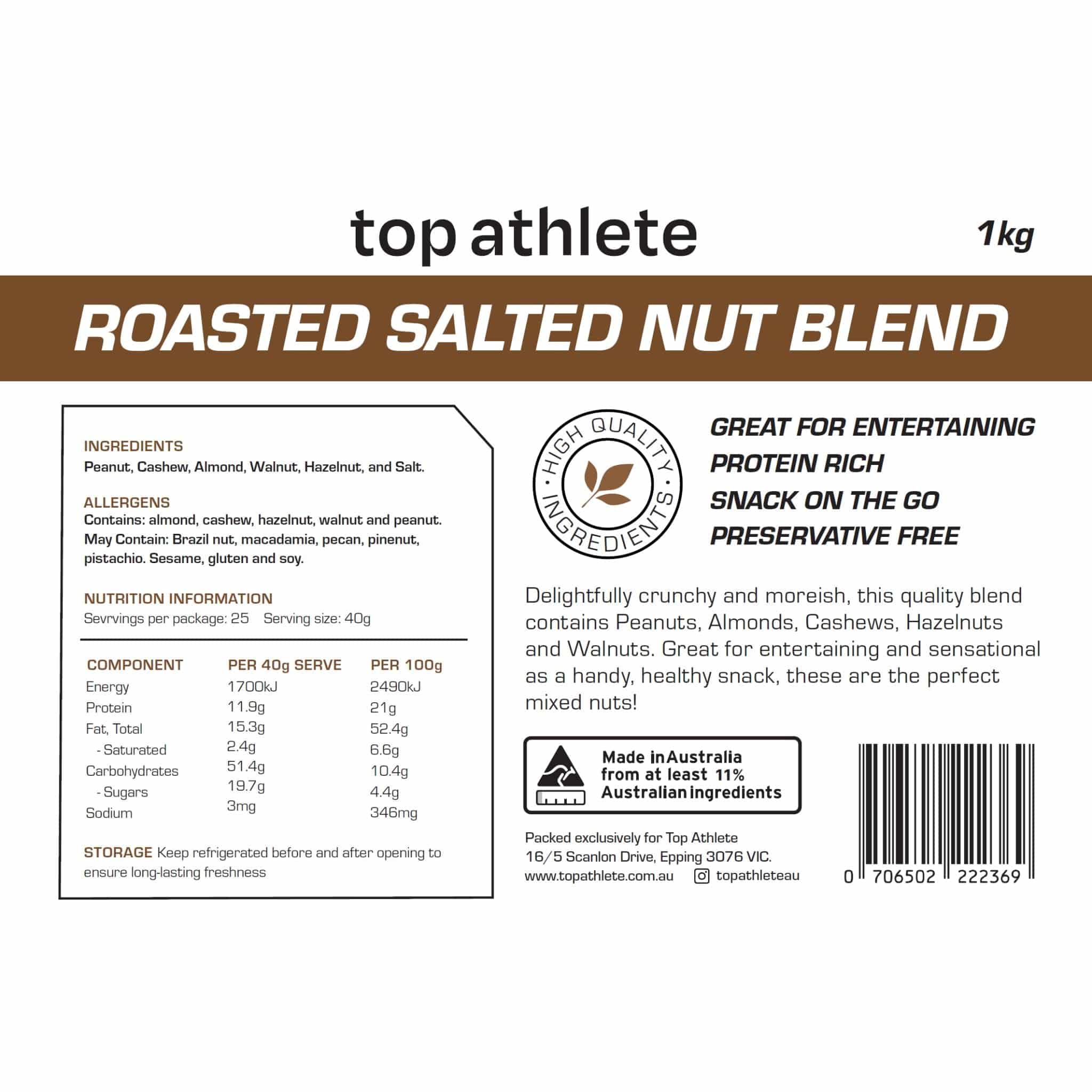 roasted salted nu blend 1kg nutrition panel- Top Athlete
