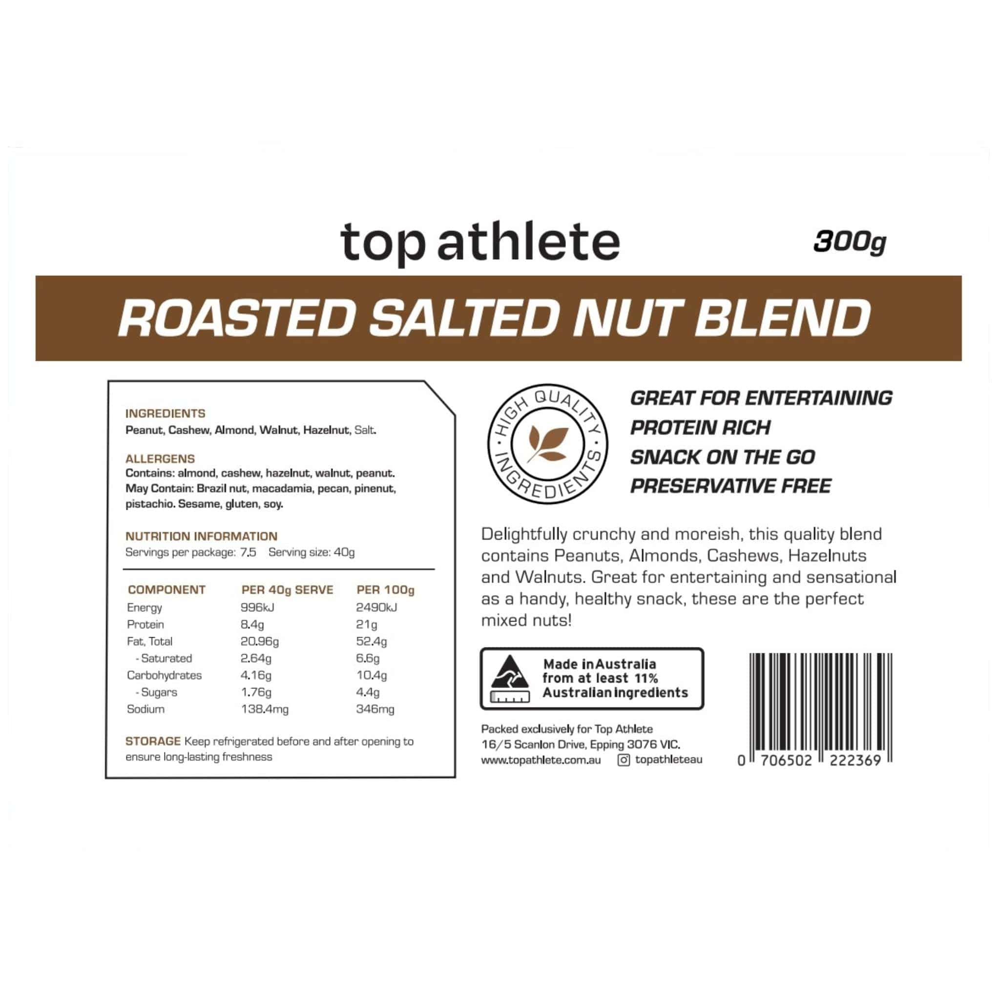 roasted salted nut blend 300g nutrition panel- Top Athlete