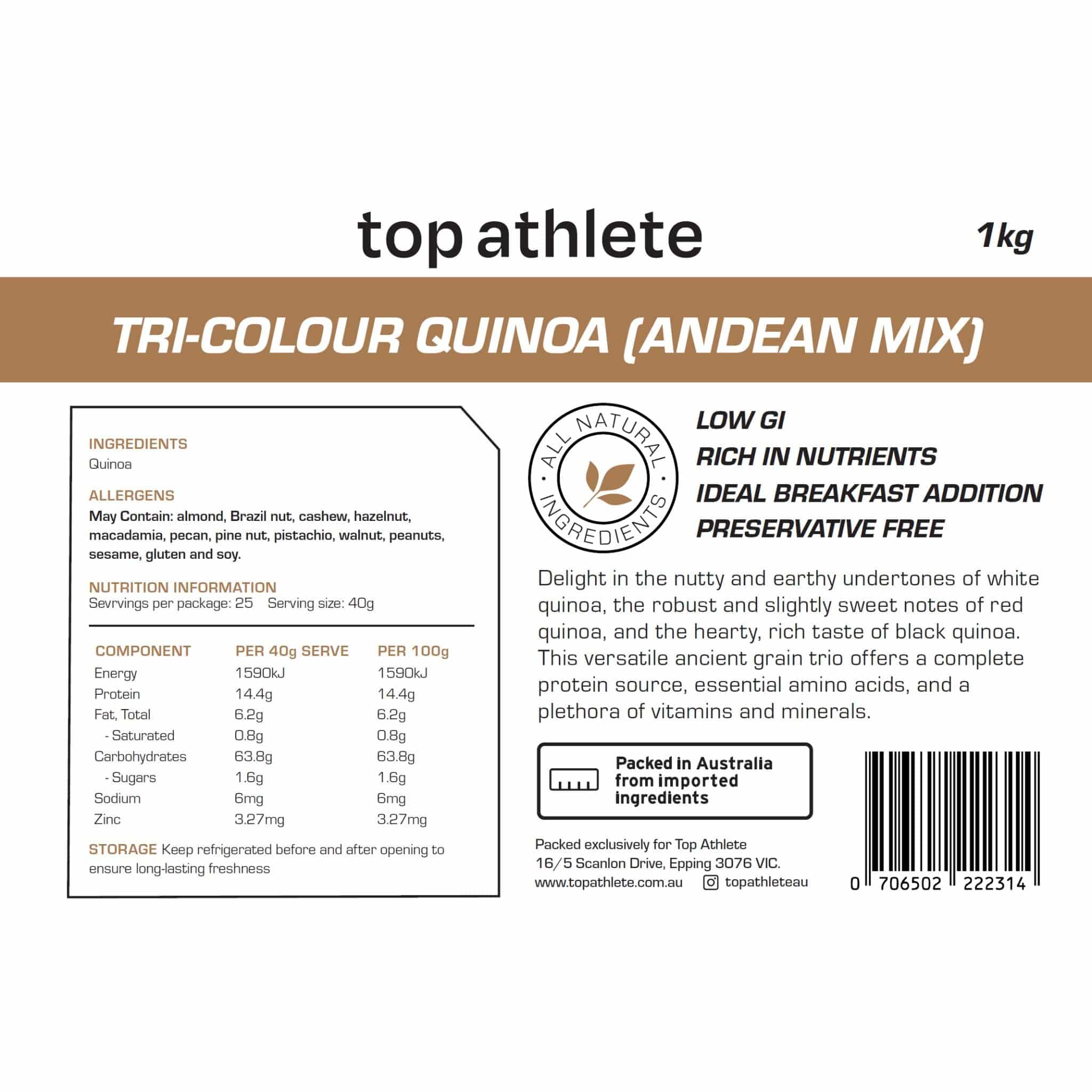 Tri colour quinoa 1kg nutrition panel - Top Athlete