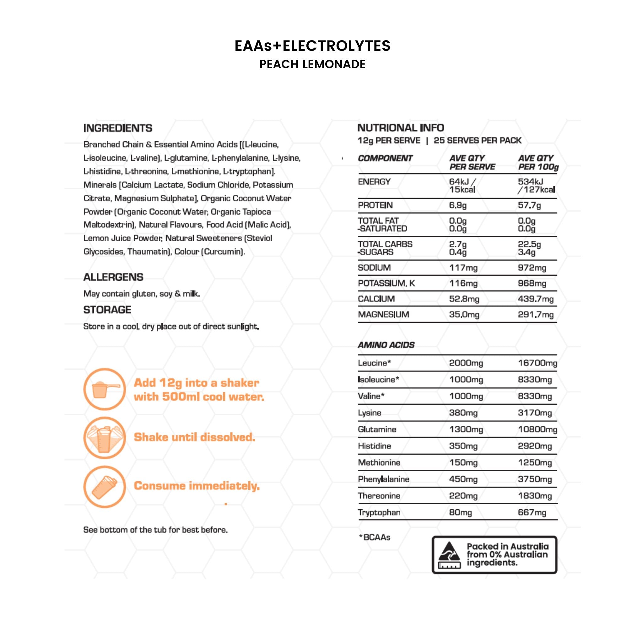 top athlete eaa peach lemonade nutritional panel