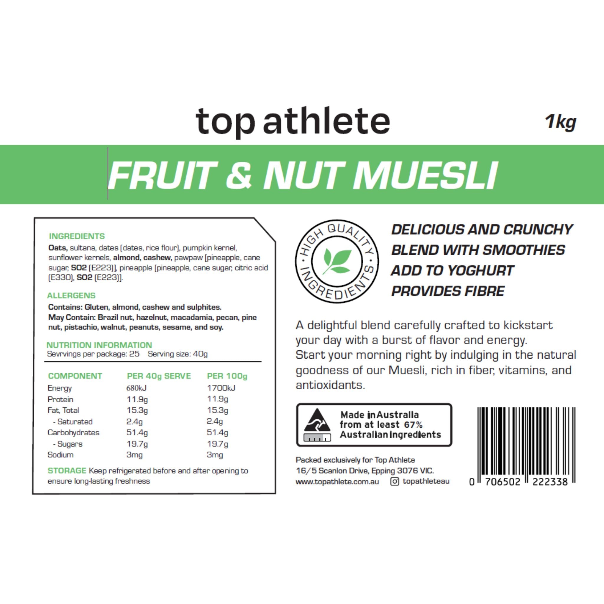 top athlete fruit and nut muesli 1kg nutritional information chart