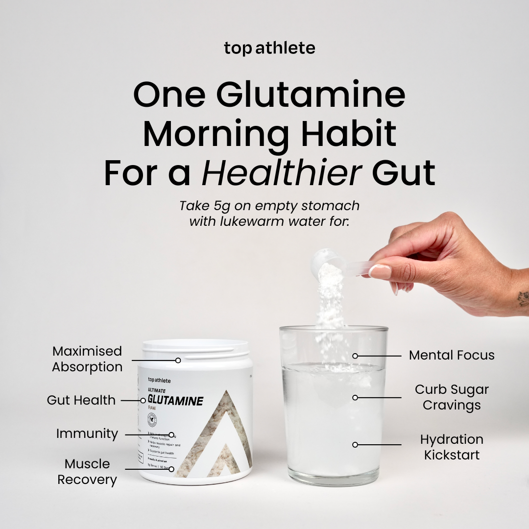 Glutamine supplement with a glass of water and text about health benefits