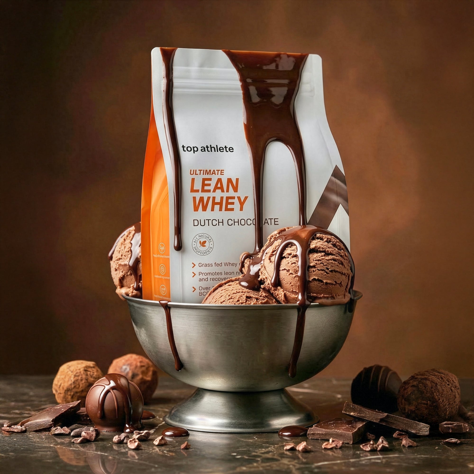 Top Athlete Lean Whey Dutch Chocolate protein package with chocolate ice cream and truffles on a brown background