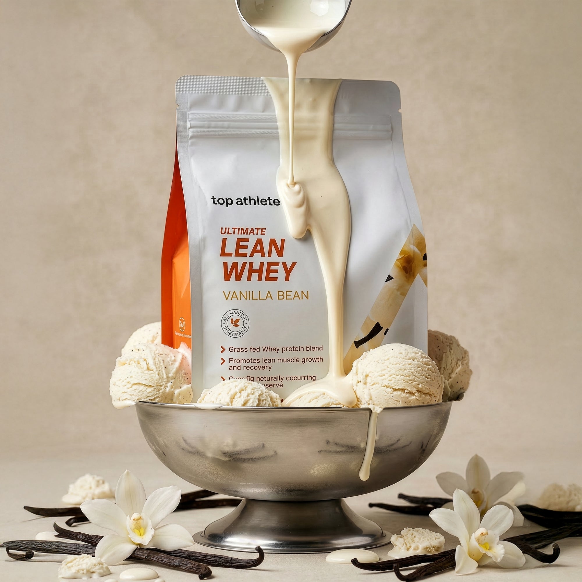 Top Athlete Ultimate Lean Whey protein package with vanilla bean flavor, being poured into a bowl with vanilla beans and flowers.