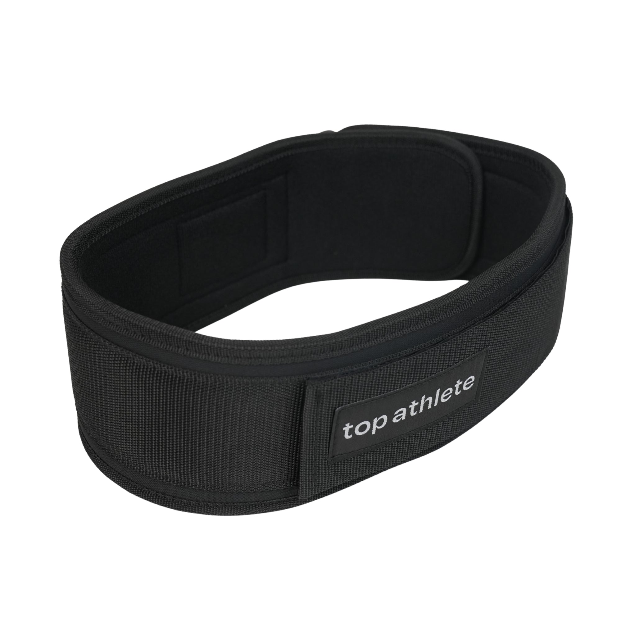 Black weight lifting belt with 'top athlete' logo
