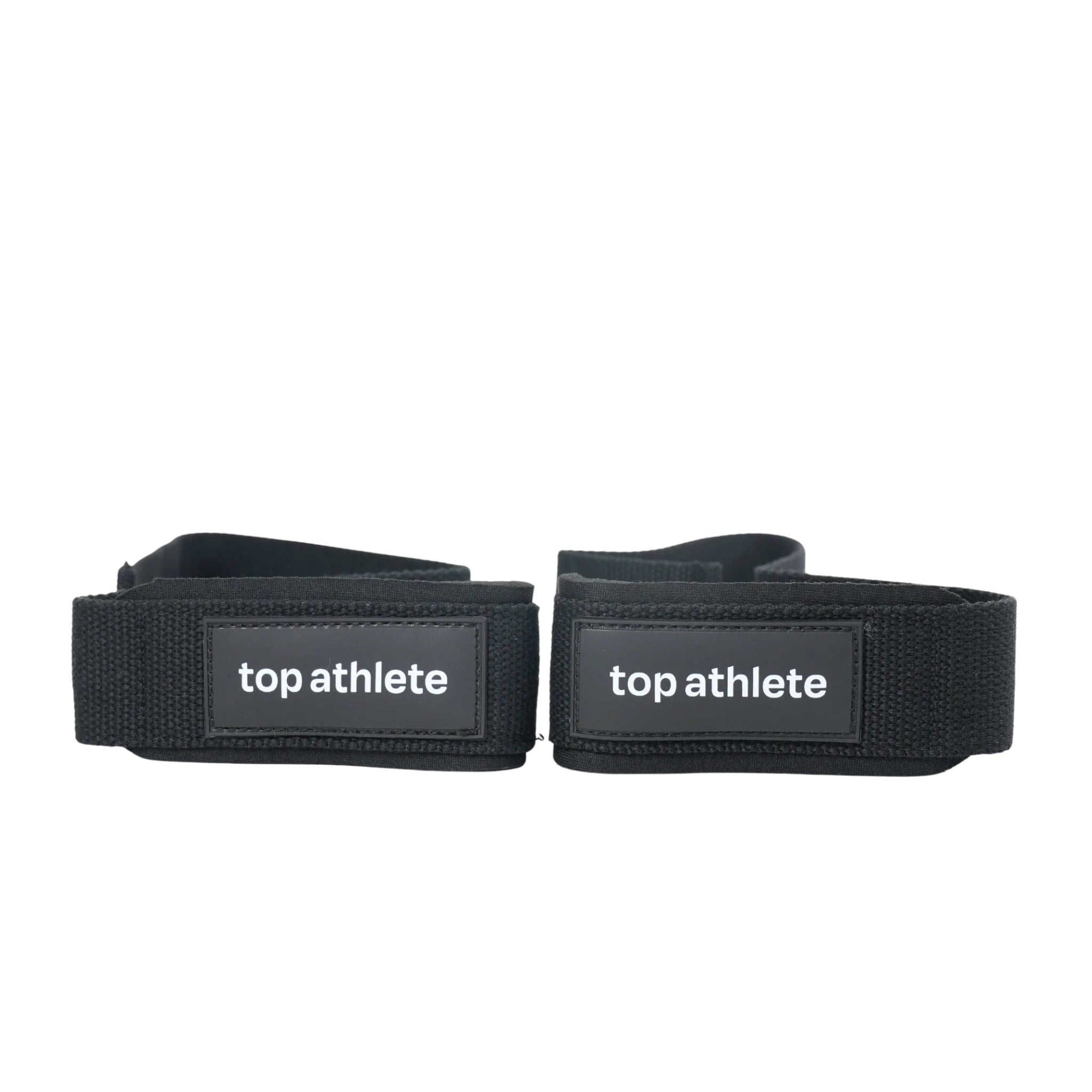 Pair of black wrist straps with 'top athlete' branding on a white background