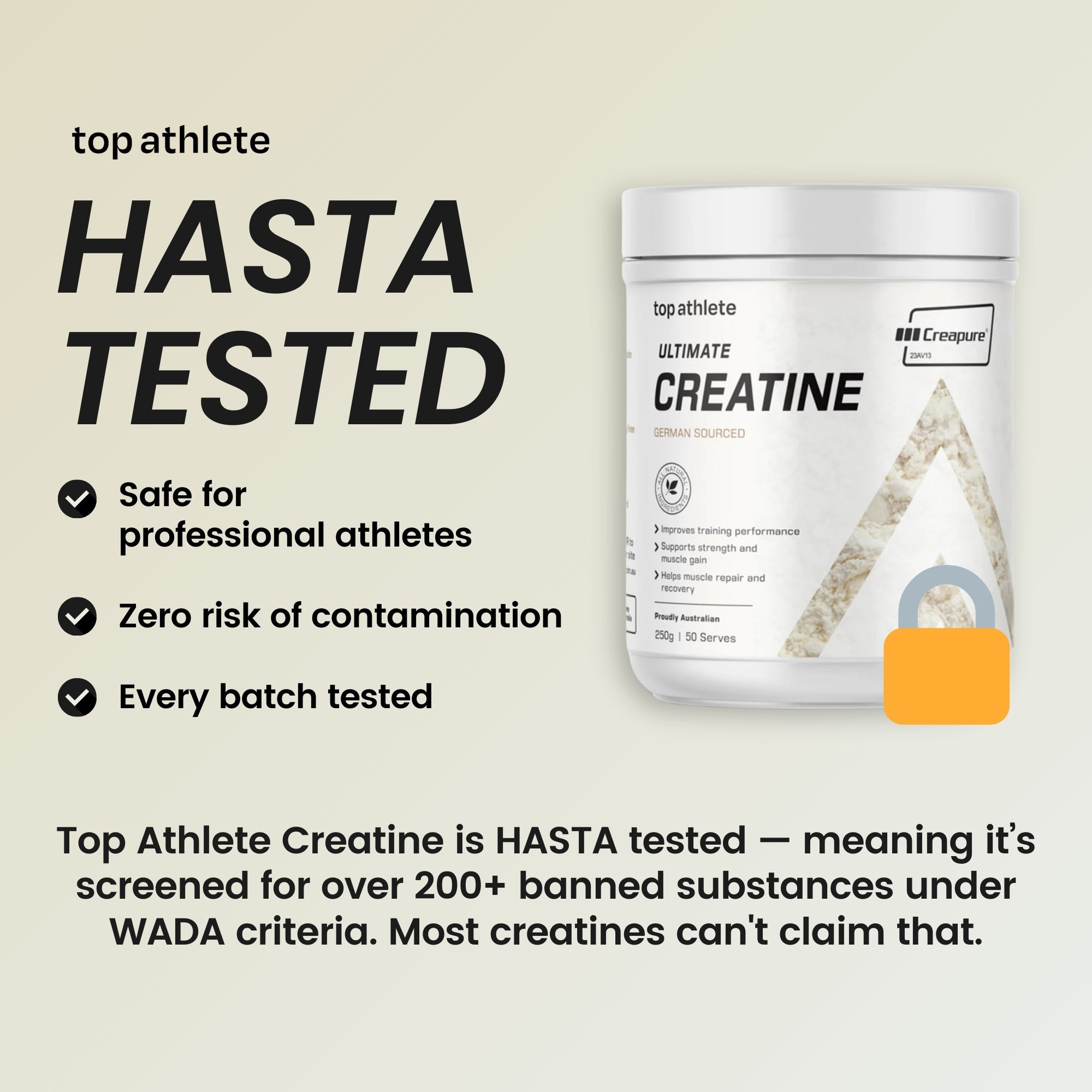 Top Athlete Creatine supplement packaging with HASTA testing information