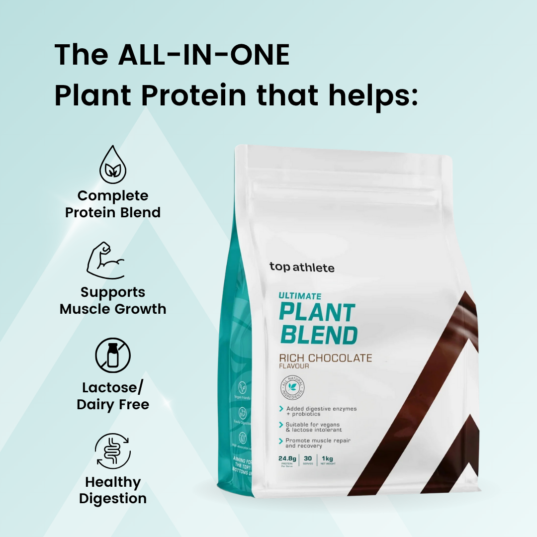Top Athlete Ultimate Plant Blend protein package with benefits listed 