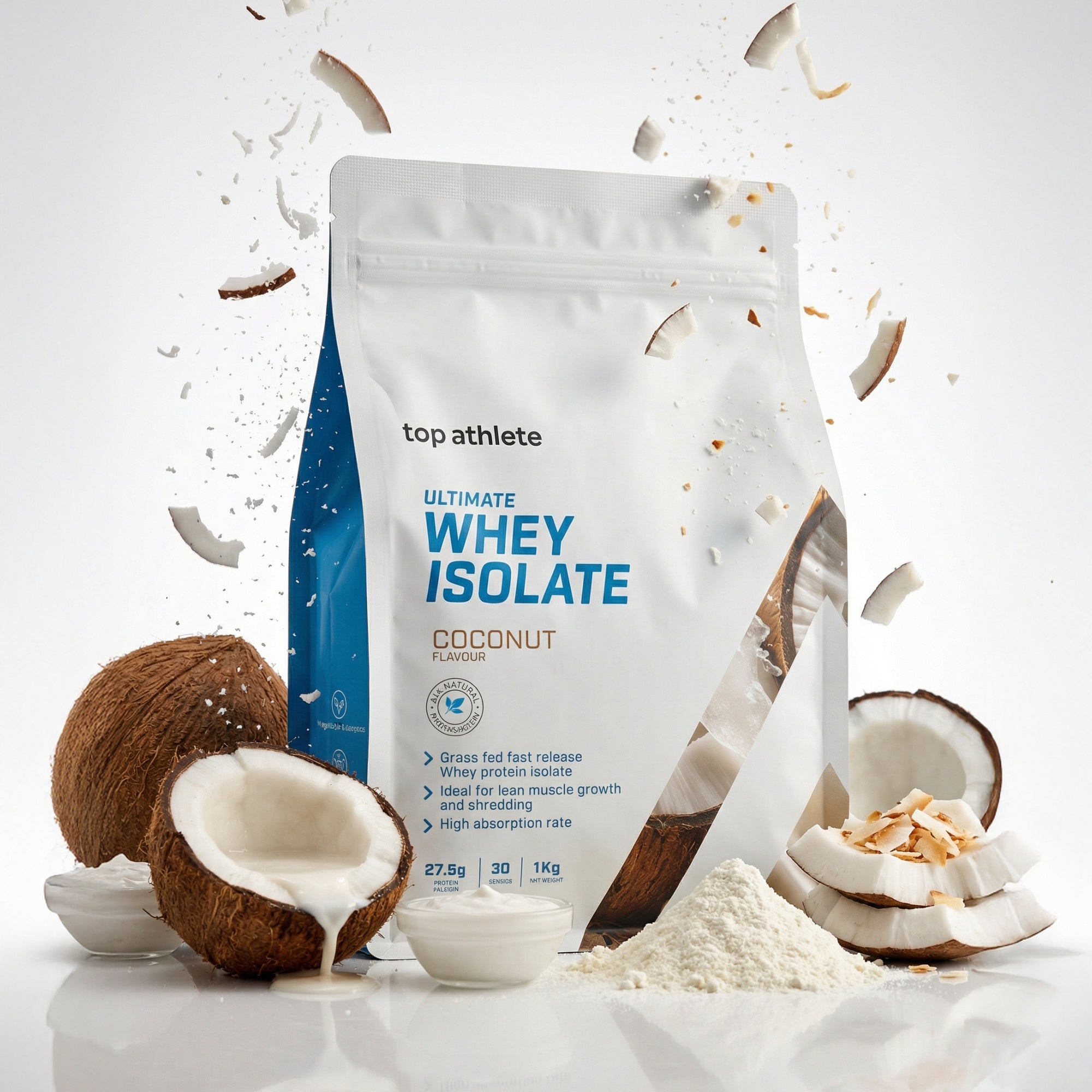 Whey protein isolate package with coconut elements on a light background