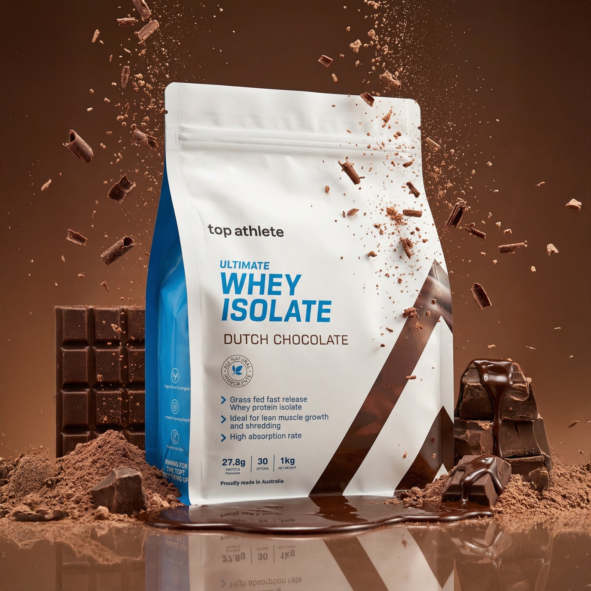 Top Athlete Ultimate Whey Isolate Dutch Chocolate packaging with chocolate pieces on a brown background