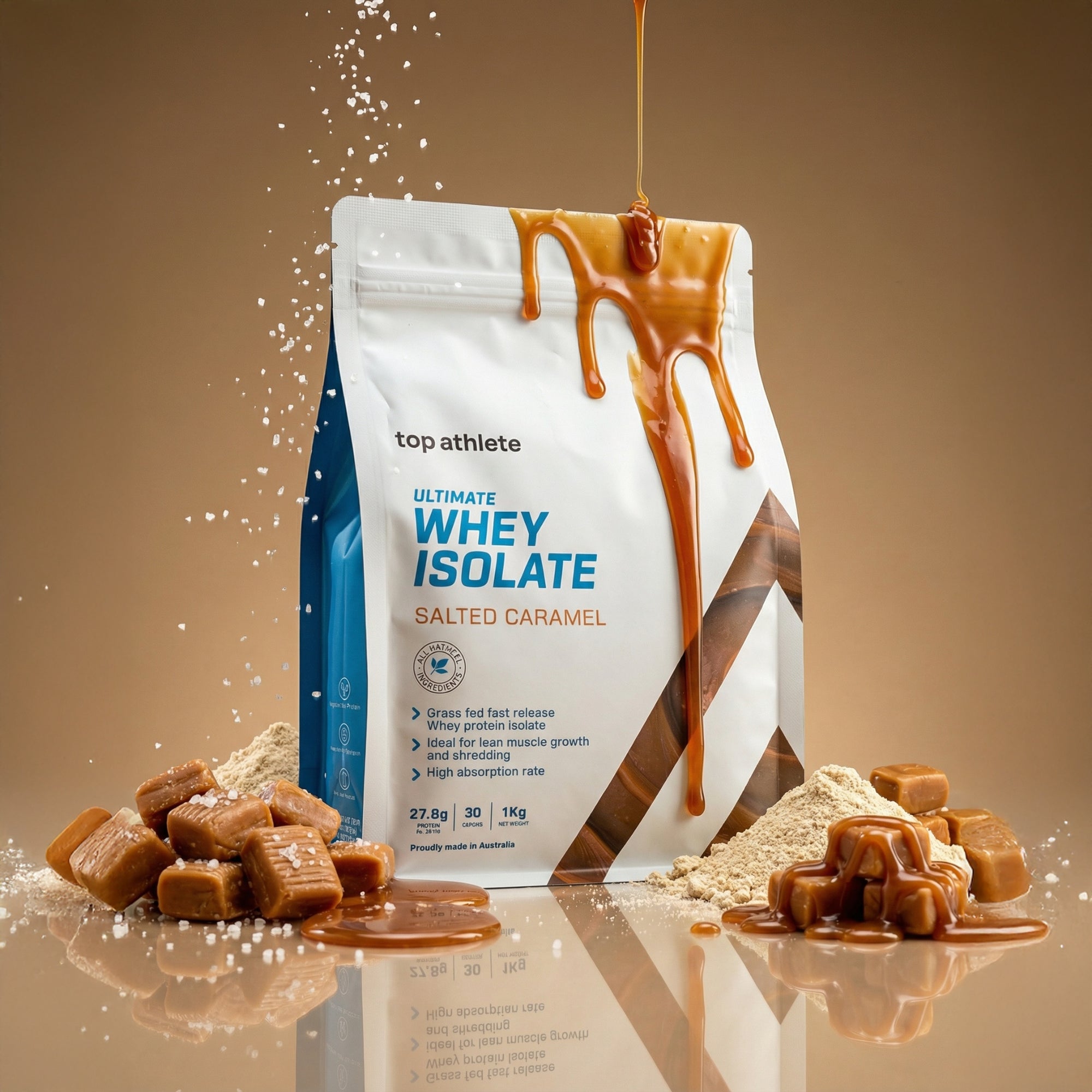 Whey isolate protein package with salted caramel flavour