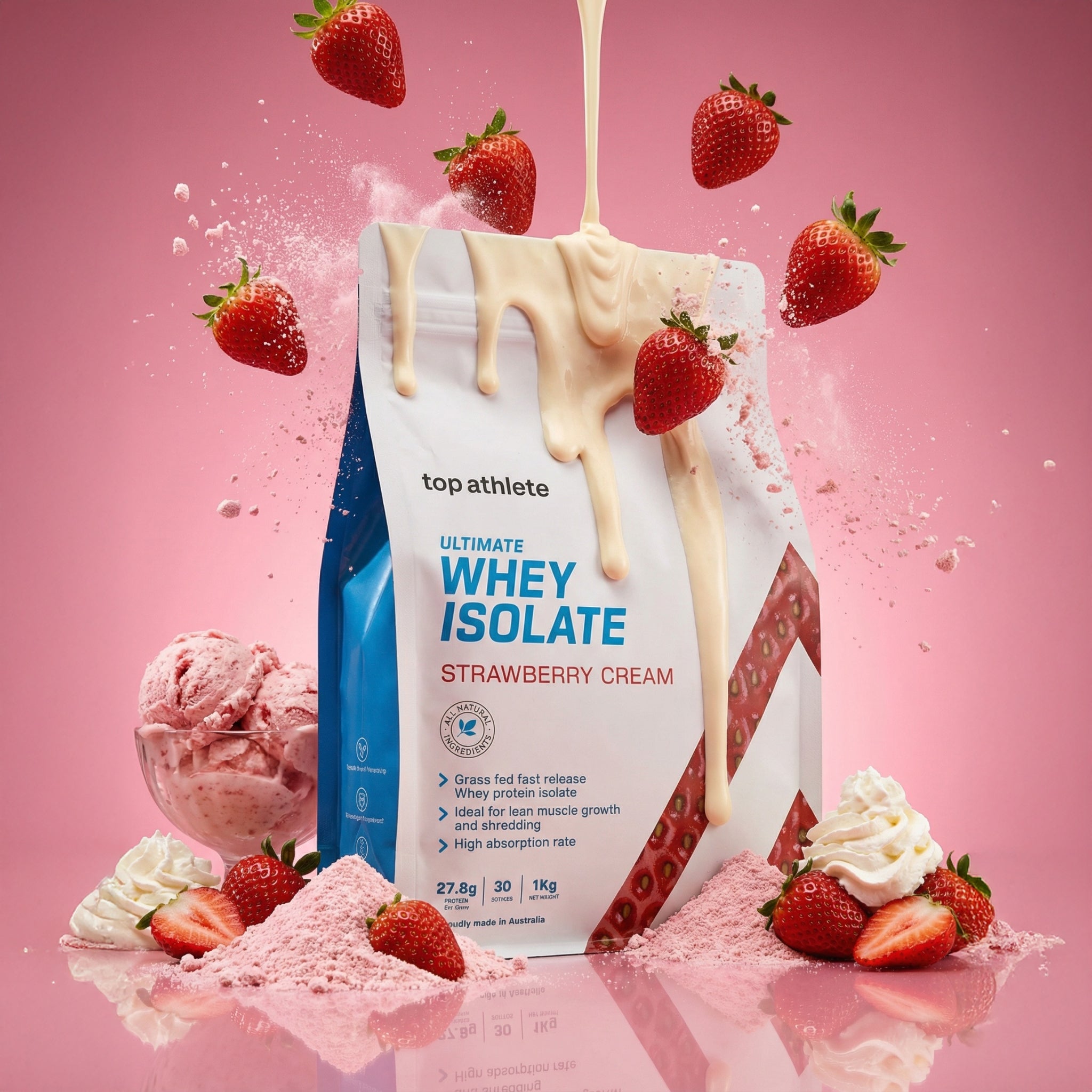 Whey isolate protein package with strawberry cream flavor on a pink background with strawberries and ice cream.