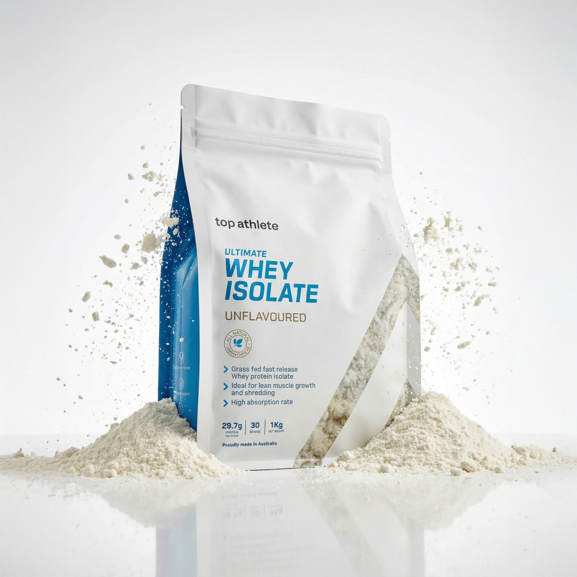 Whey protein isolate powder with packaging on a white background