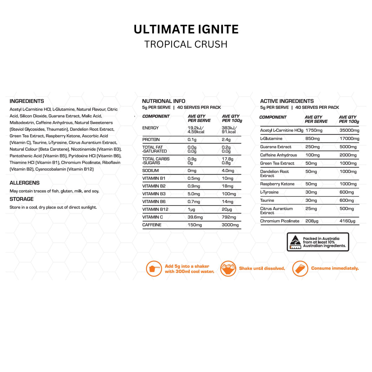 top athlete ignite tropical crush nutritional panel