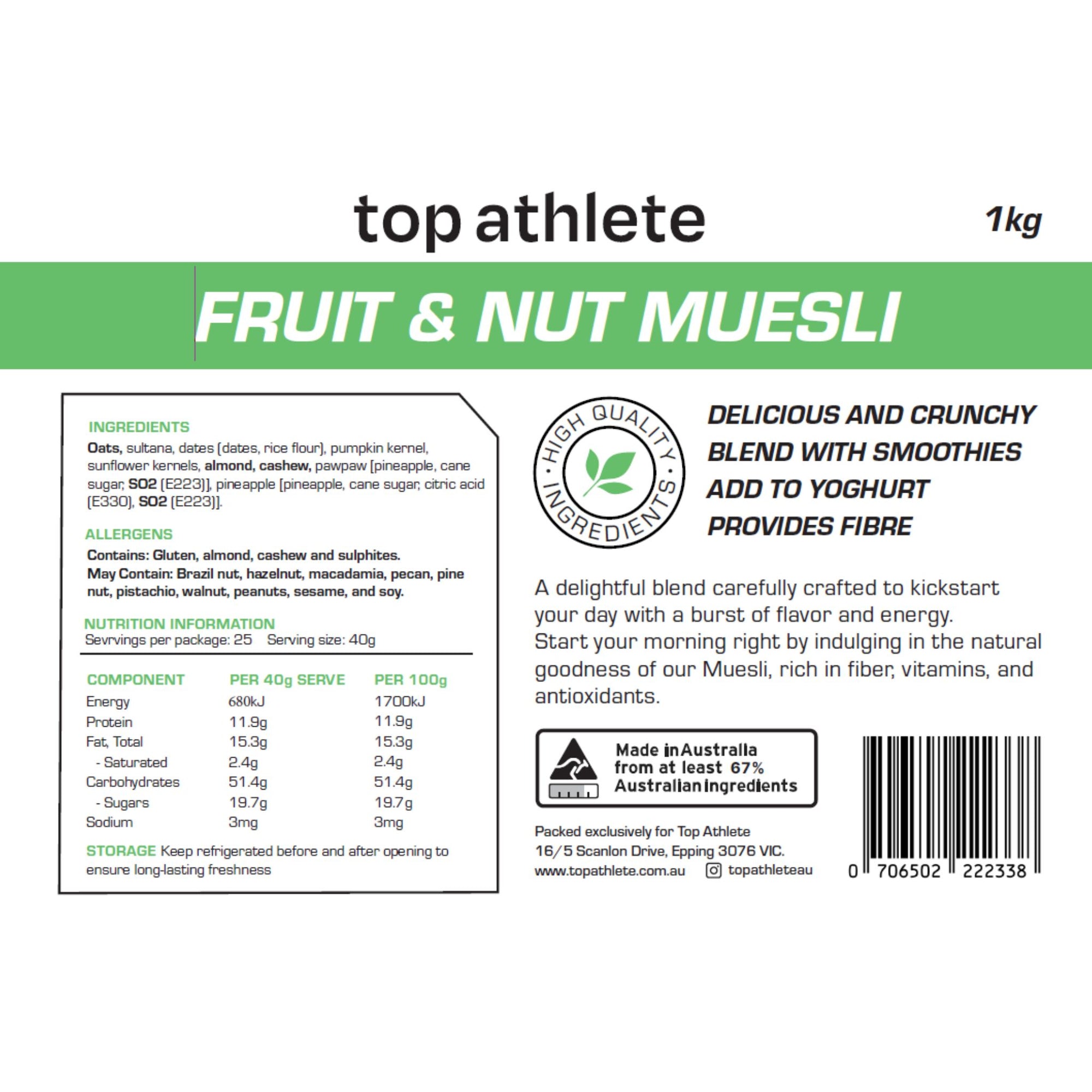 top athlete fruit and nut muesli 1kg nutritional information chart
